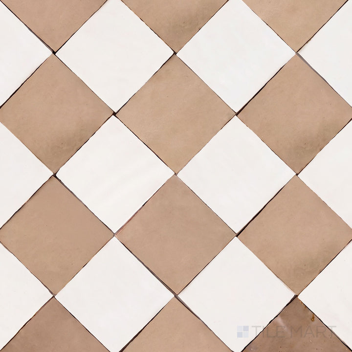 Alternate overview of Zellige Classique checkerboard in Atlas White and Sahara Rose, highlighting its artisan glaze depth.