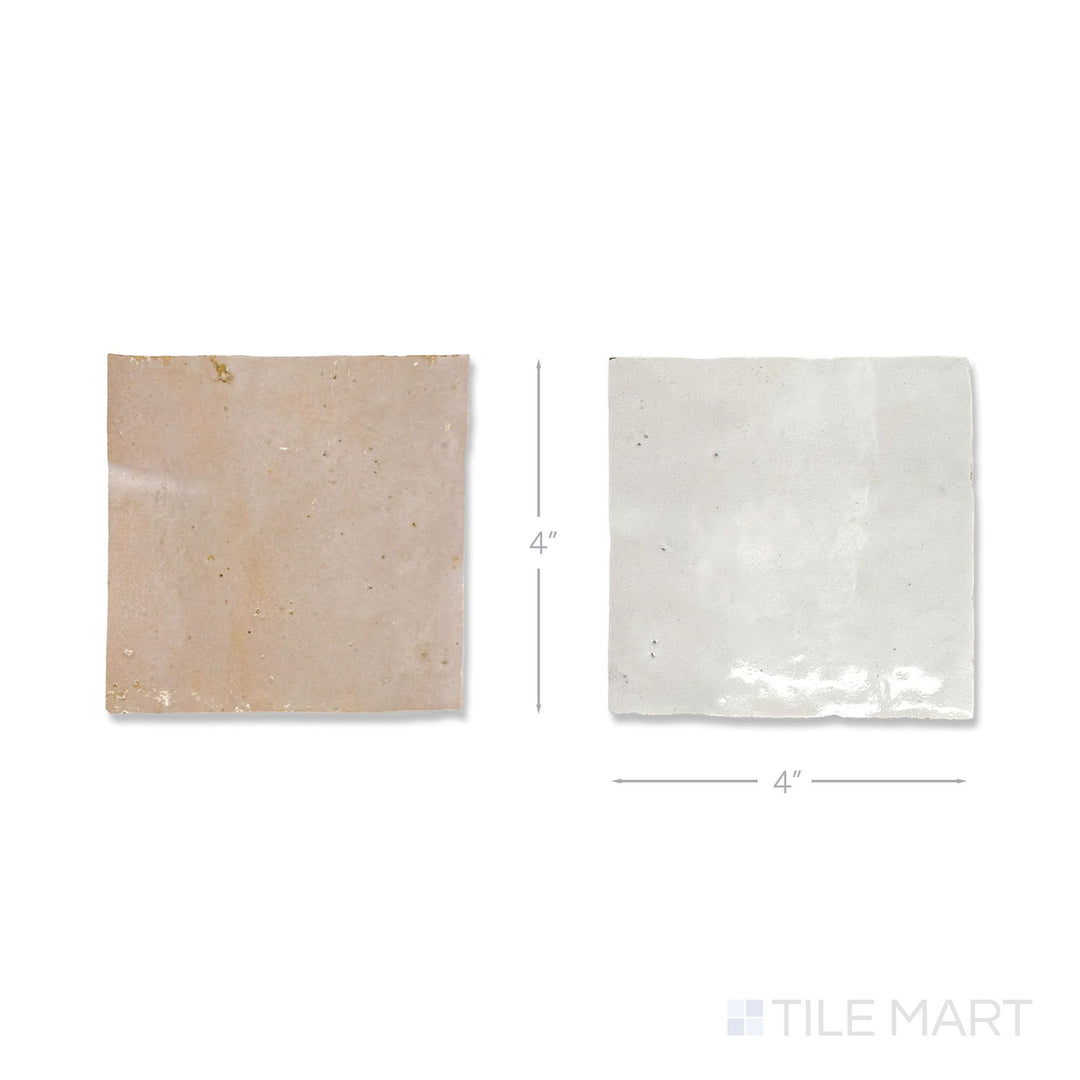 Top-down view of a single Zellige Classique tile in Atlas White and Sahara Rose, showing the glossy hand cut glaze up close.