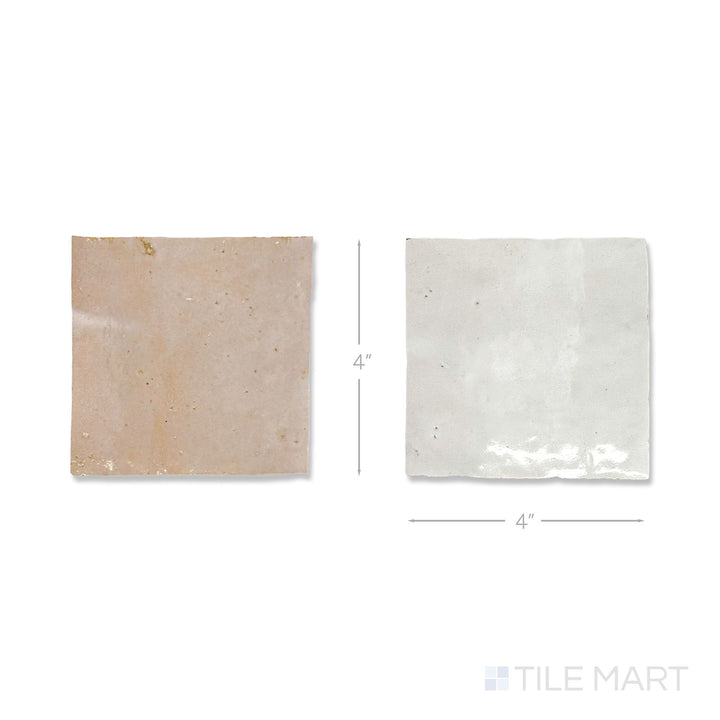 Top-down view of a single Zellige Classique tile in Atlas White and Sahara Rose, showing the glossy hand cut glaze up close.