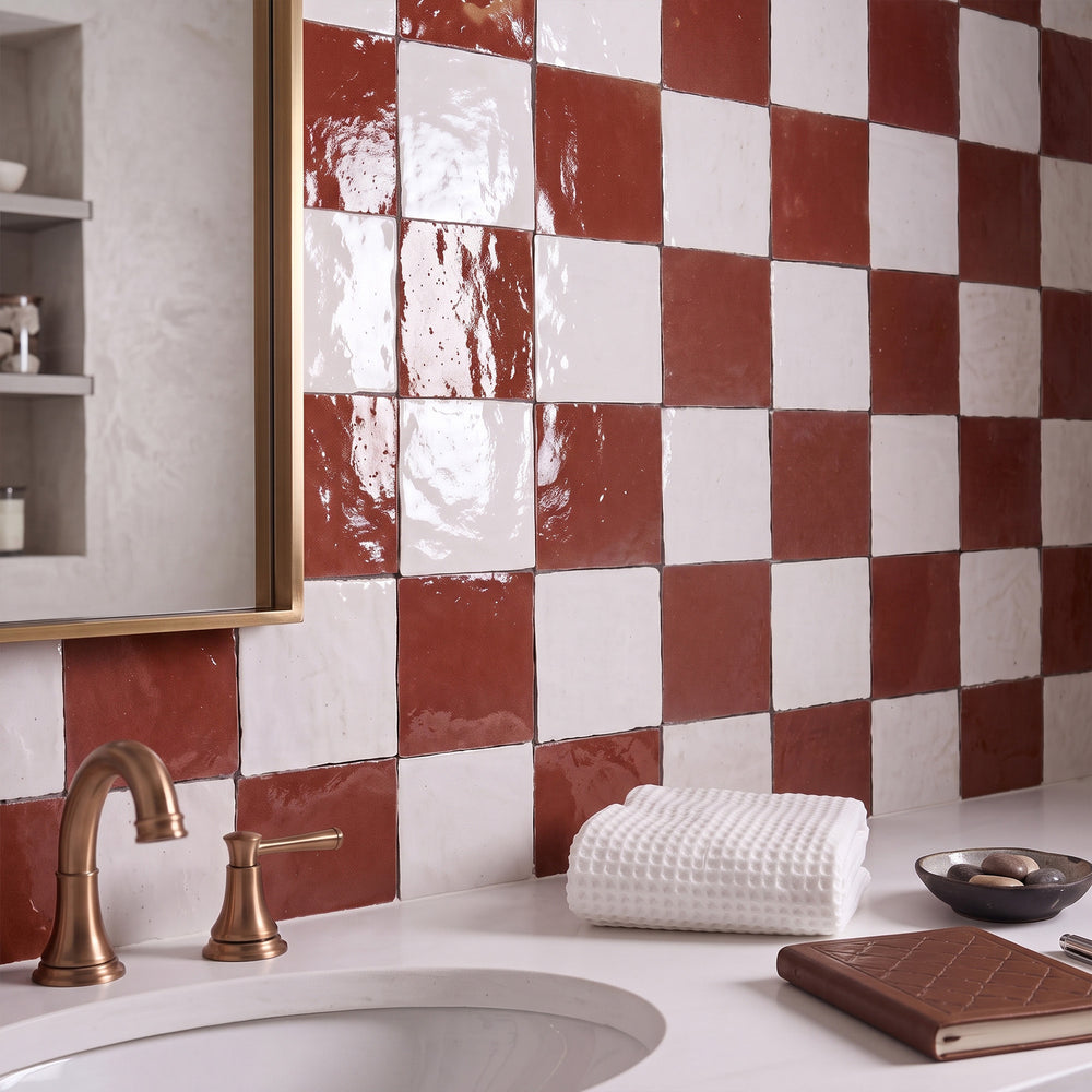 Zellige Classique in Lambswool and Al Hamra brings artisan glaze variation and vibrant color to a checkerboard wall.
