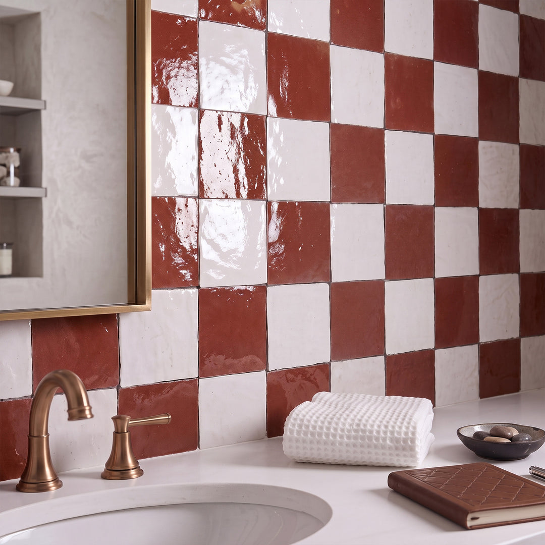 Zellige Classique in Lambswool and Al Hamra brings artisan glaze variation and vibrant color to a checkerboard wall.