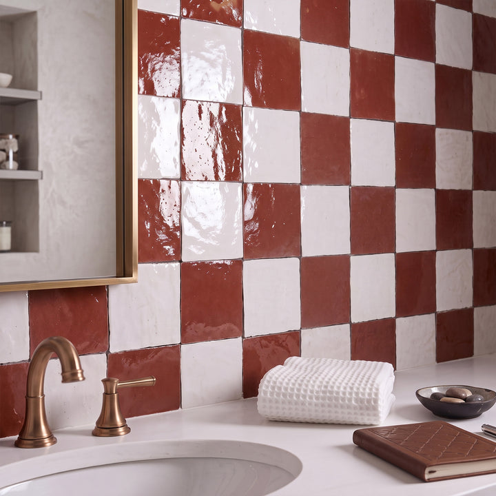 Zellige Classique in Lambswool and Al Hamra brings artisan glaze variation and vibrant color to a checkerboard wall.