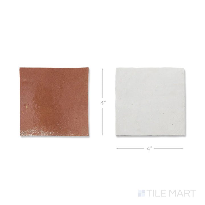 Bird's-eye view of a single Zellige Classique tile in Lambswool and Al Hamra, showing the glossy hand cut glaze up close.