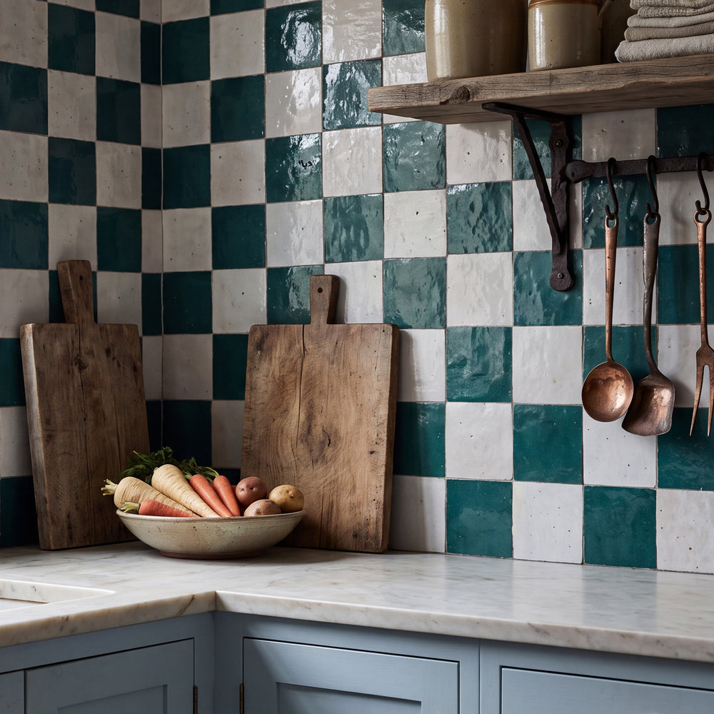 Zellige Classique in Lambswool and Blue City brings artisan glaze variation and vibrant color to a checkerboard wall.