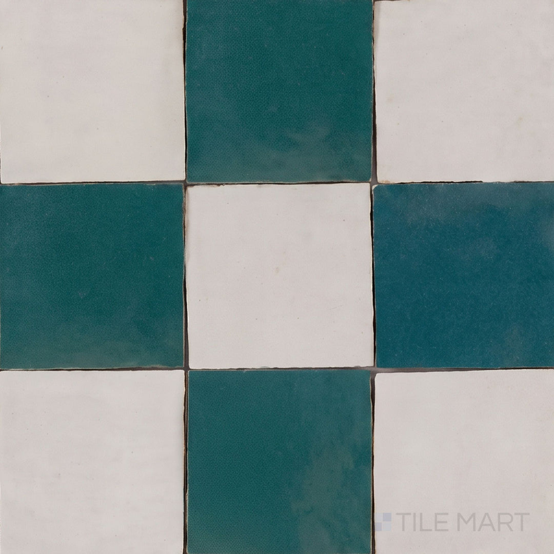 Overview of Zellige Classique 4x4 checkerboard in Lambswool and Blue City, showing its hand cut glaze variation.