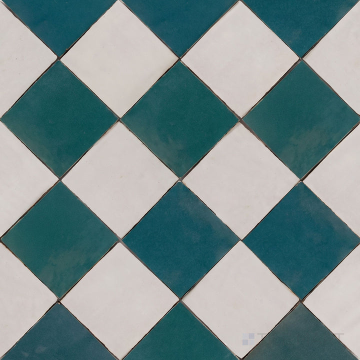 Alternate overview of Zellige Classique checkerboard in Lambswool and Blue City, highlighting its artisan glaze depth.
