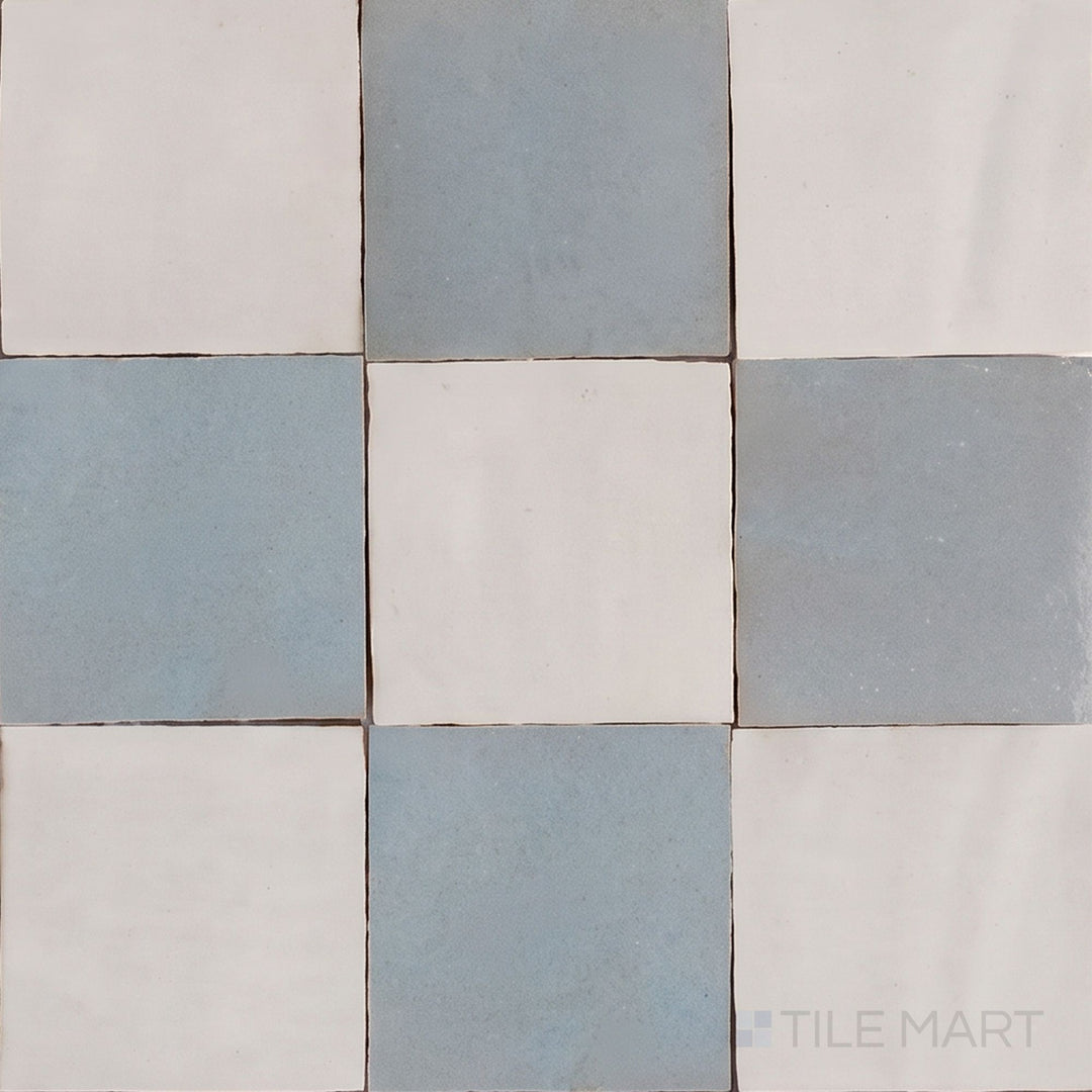Overview of Zellige Classique 4x4 checkerboard in Lambswool and Gris Perle, showing its hand cut glaze variation.