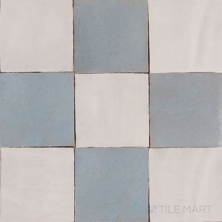 Overview of Zellige Classique 4x4 checkerboard in Lambswool and Gris Perle, showing its hand cut glaze variation.