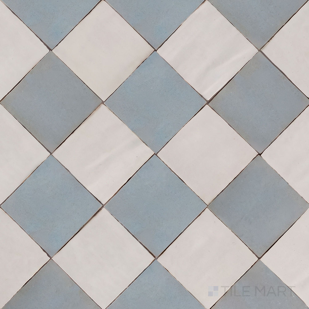 Alternate overview of Zellige Classique checkerboard in Lambswool and Gris Perle, highlighting its artisan glaze depth.