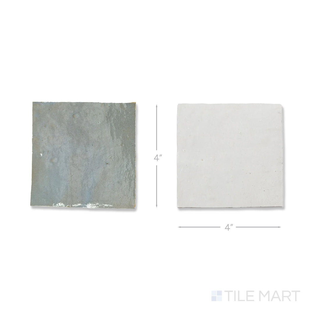 Overhead view of a single Zellige Classique tile in Lambswool and Gris Perle, showing the glossy hand cut glaze up close.