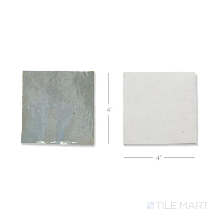 Overhead view of a single Zellige Classique tile in Lambswool and Gris Perle, showing the glossy hand cut glaze up close.