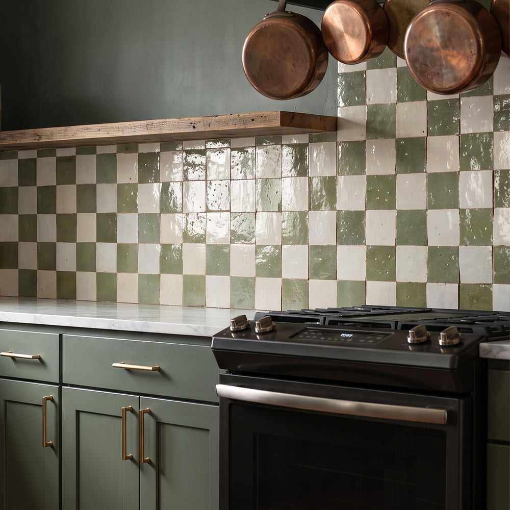Zellige Classique in Lambswool and Mint Tea brings artisan glaze variation and vibrant color to a checkerboard wall.