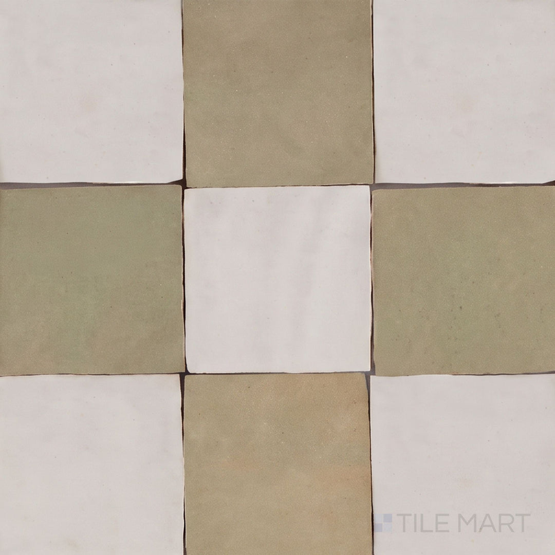 Overview of Zellige Classique 4x4 checkerboard in Lambswool and Mint Tea, showing its hand cut glaze variation.