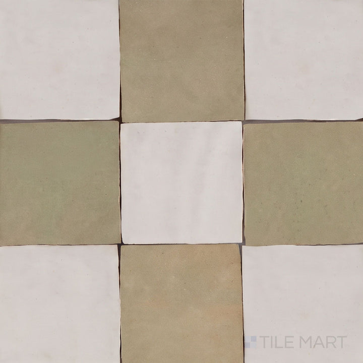 Overview of Zellige Classique 4x4 checkerboard in Lambswool and Mint Tea, showing its hand cut glaze variation.