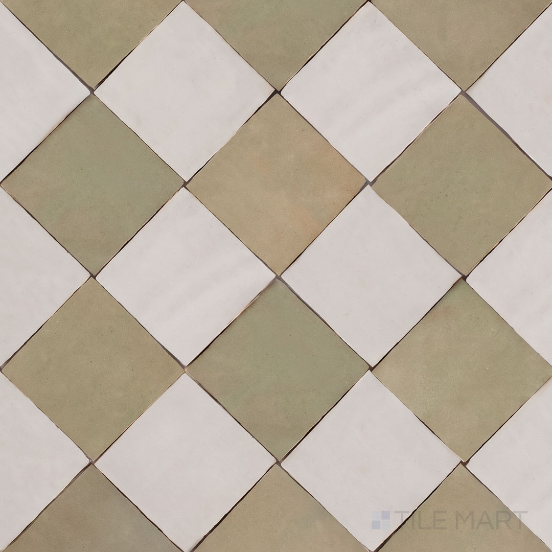 Alternate overview of Zellige Classique checkerboard in Lambswool and Mint Tea, highlighting its artisan glaze depth.