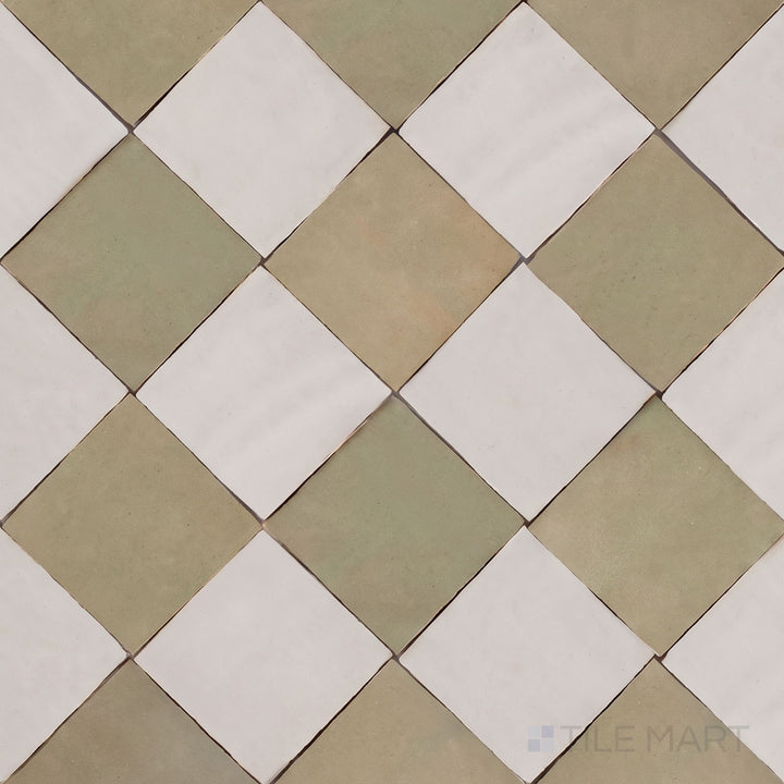 Alternate overview of Zellige Classique checkerboard in Lambswool and Mint Tea, highlighting its artisan glaze depth.