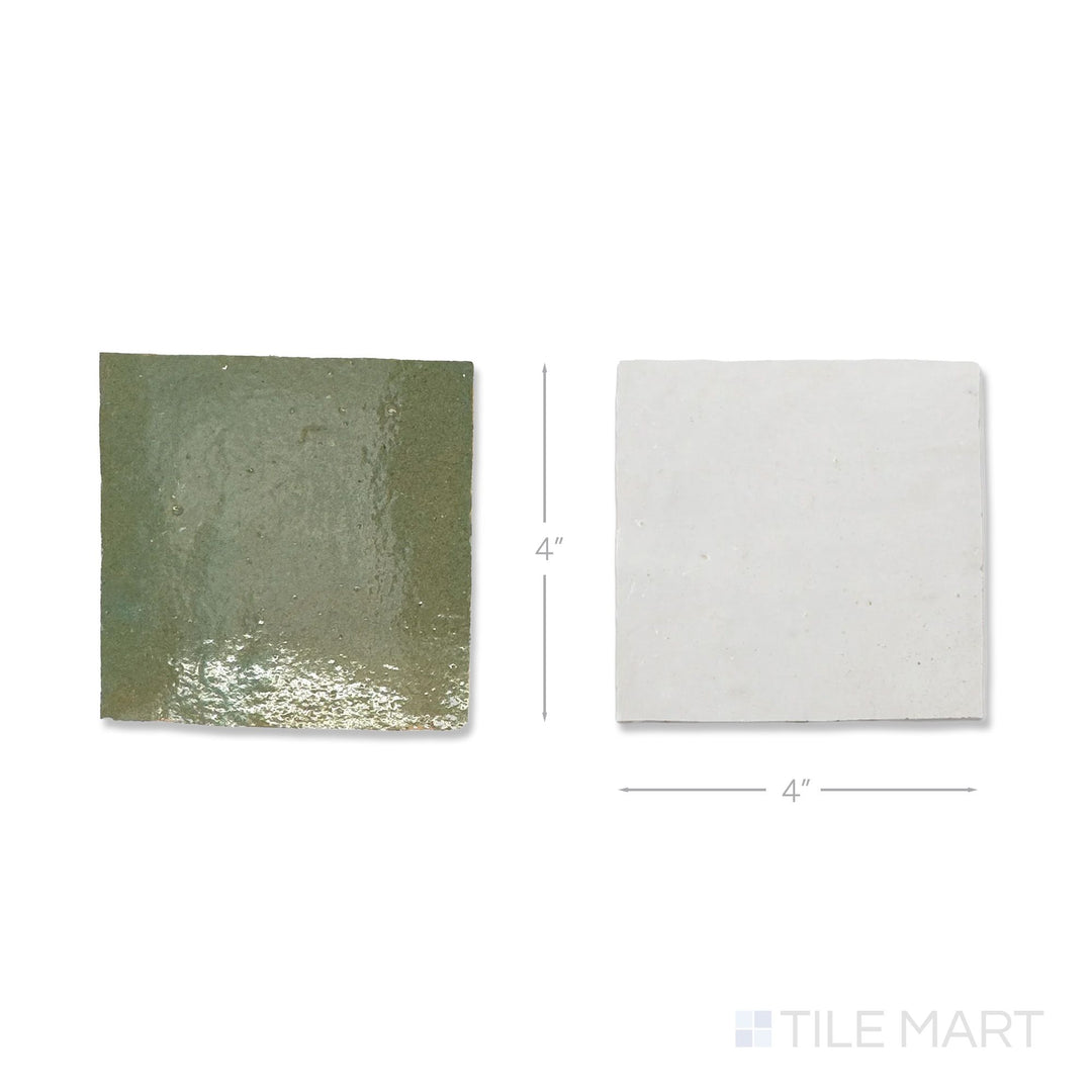 Top-down view of a single Zellige Classique tile in Lambswool and Mint Tea, showing the glossy hand cut glaze up close.