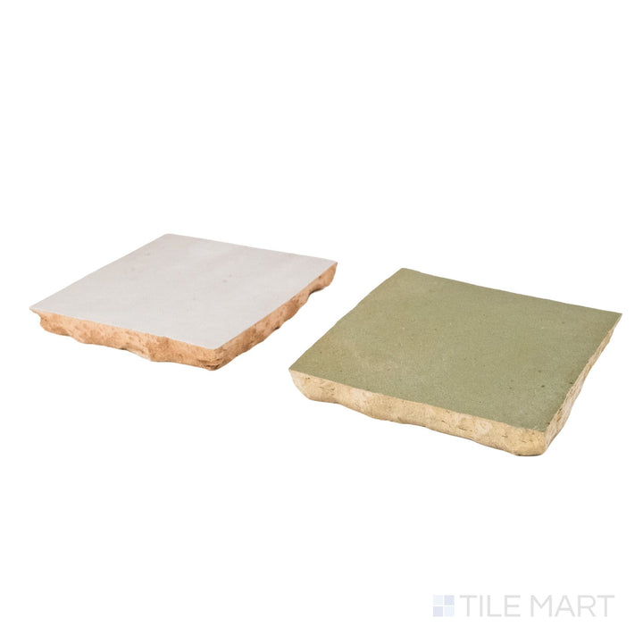 Corner shot of Zellige Classique tile in Lambswool and Mint Tea, revealing its hand cut edge and light-catching glaze.