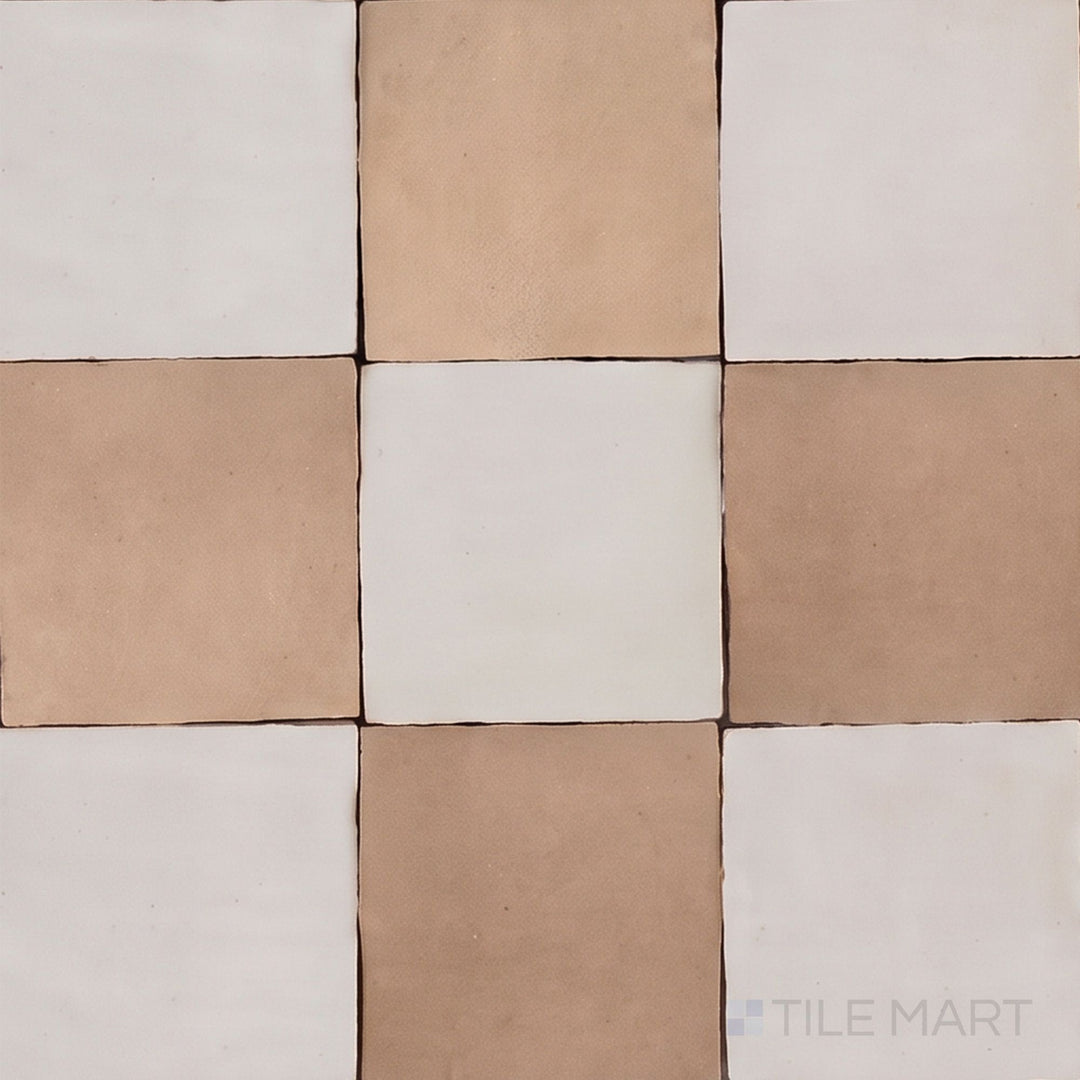 Overview of Zellige Classique 4x4 checkerboard in Lambswool and Sahara Rose, showing its hand cut glaze variation.