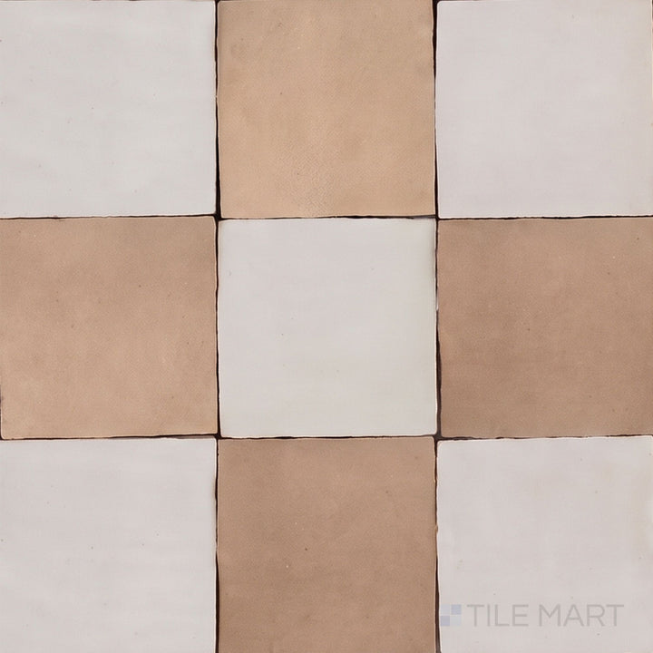 Overview of Zellige Classique 4x4 checkerboard in Lambswool and Sahara Rose, showing its hand cut glaze variation.