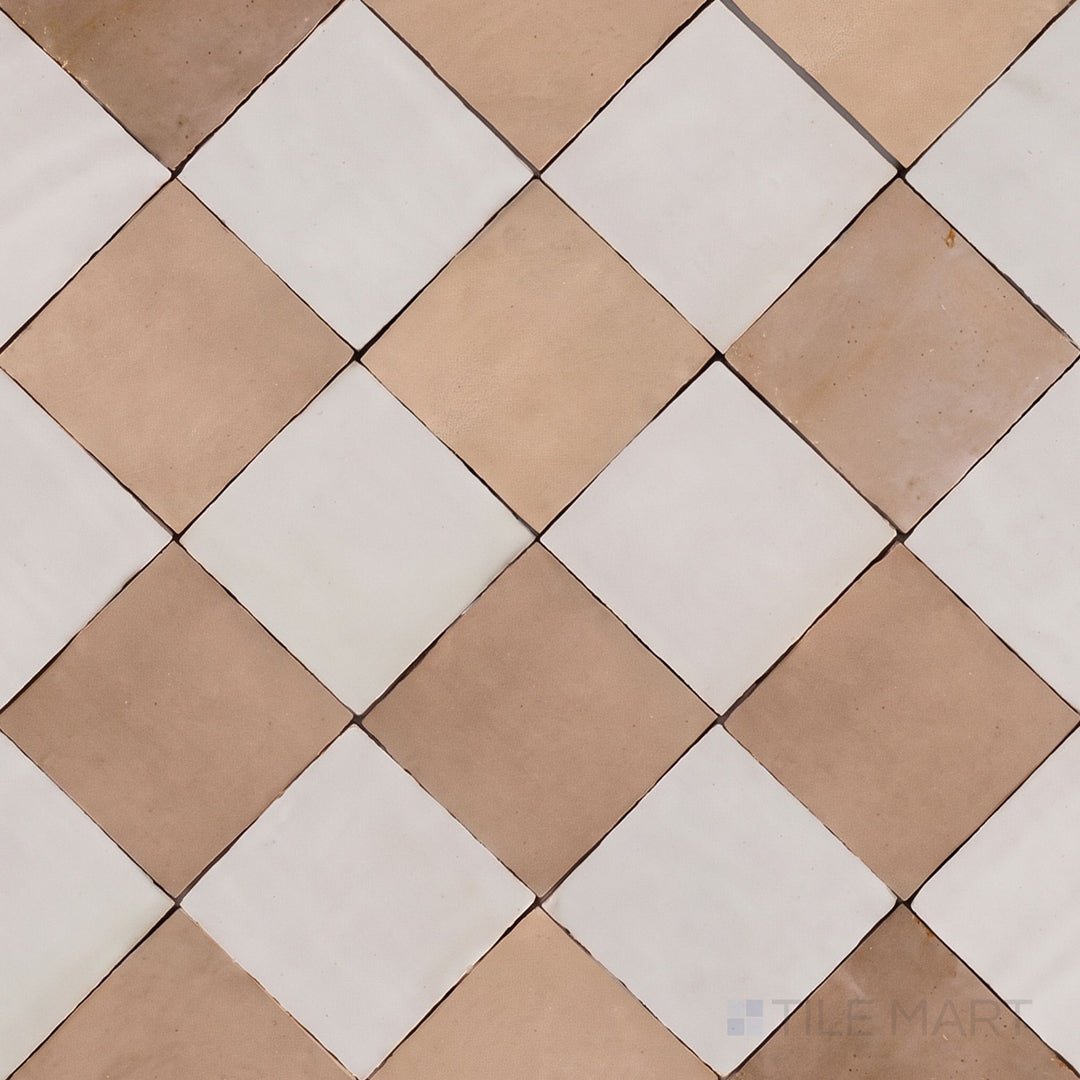 Alternate overview of Zellige Classique checkerboard in Lambswool and Sahara Rose, highlighting its artisan glaze depth.