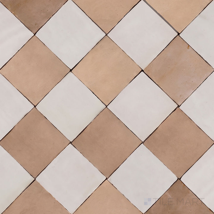 Alternate overview of Zellige Classique checkerboard in Lambswool and Sahara Rose, highlighting its artisan glaze depth.