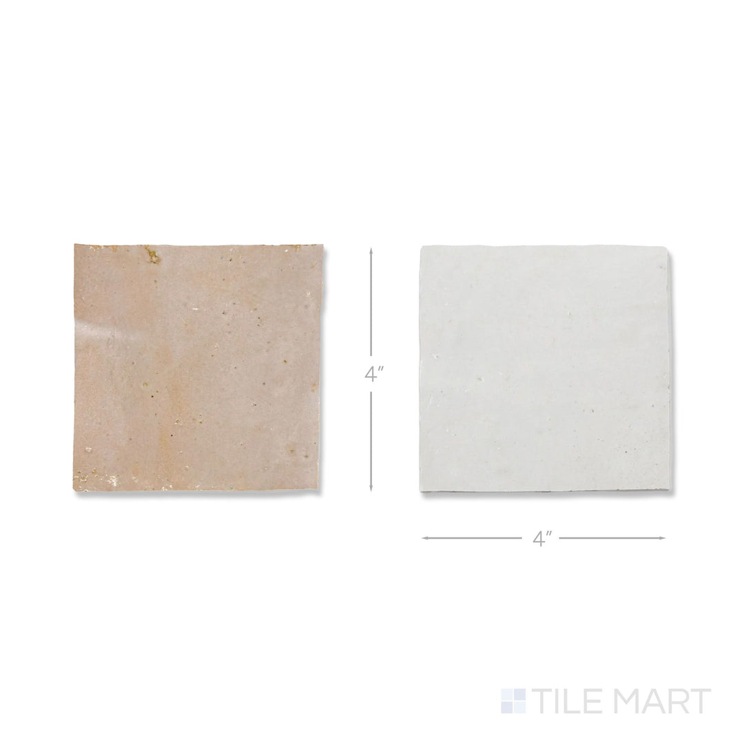 Bird's-eye view of a single Zellige Classique tile in Lambswool and Sahara Rose, showing the glossy hand cut glaze up close.