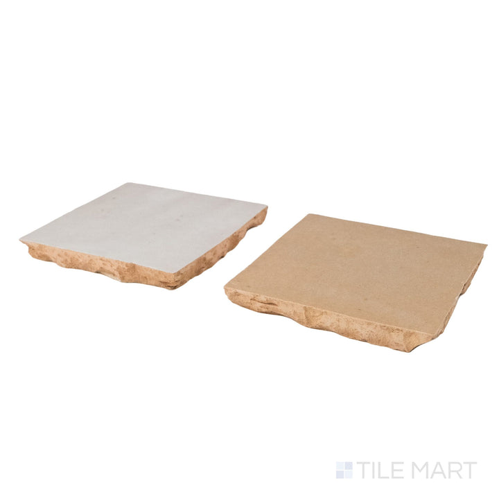Corner shot of Zellige Classique tile in Lambswool and Sahara Rose, revealing its hand cut edge and light-catching glaze.