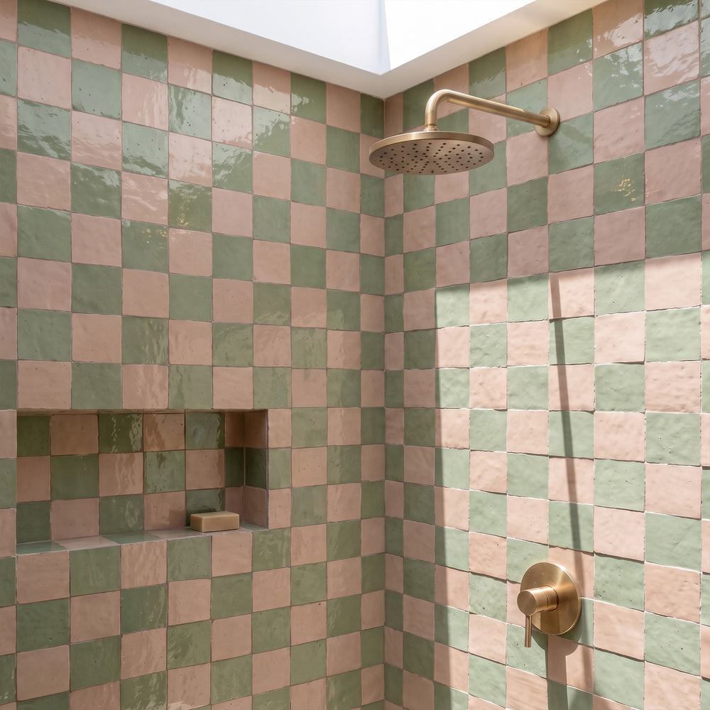 Zellige Classique in Sahara Rose and Mint Tea brings artisan glaze variation and vibrant color to a checkerboard wall.