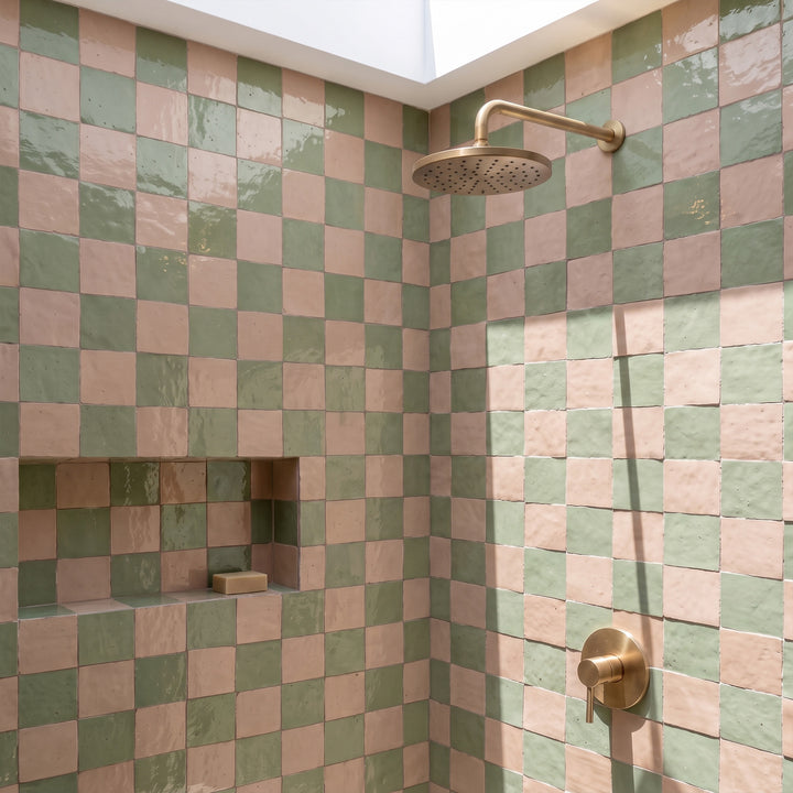 Zellige Classique in Sahara Rose and Mint Tea brings artisan glaze variation and vibrant color to a checkerboard wall.