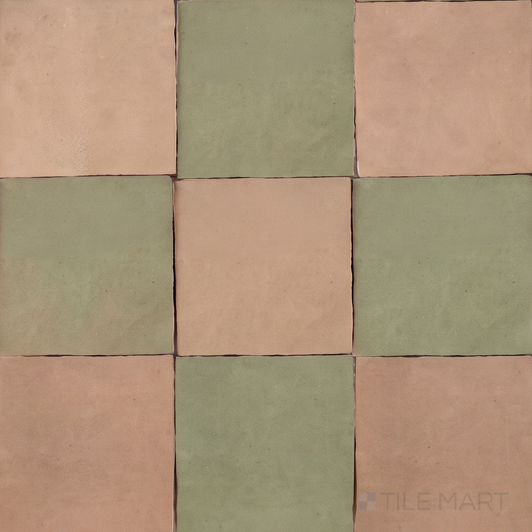 Overview of Zellige Classique 4x4 checkerboard in Sahara Rose and Mint Tea, showing its hand cut glaze variation.
