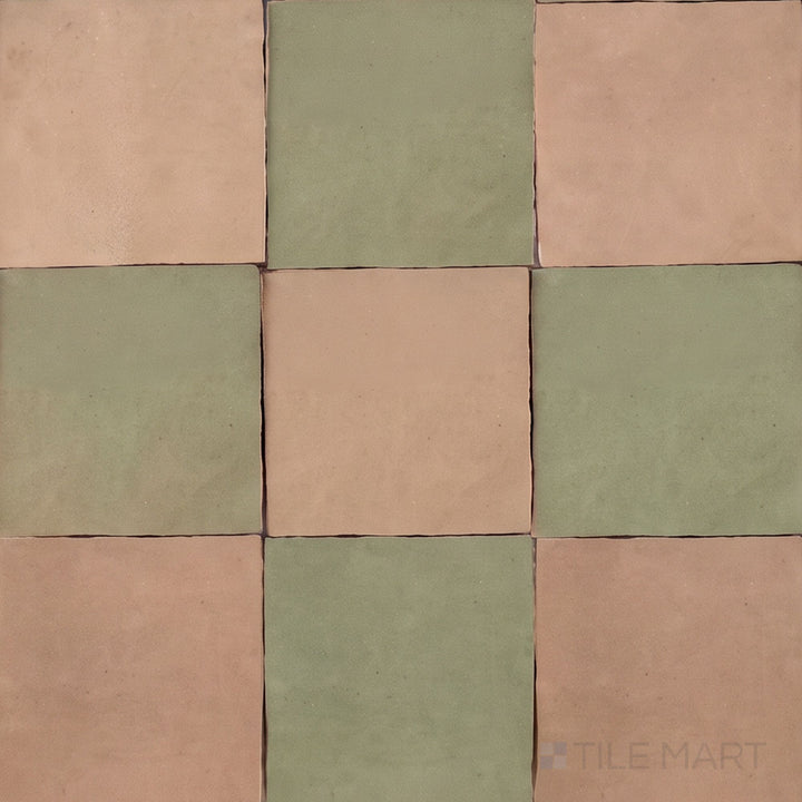 Overview of Zellige Classique 4x4 checkerboard in Sahara Rose and Mint Tea, showing its hand cut glaze variation.