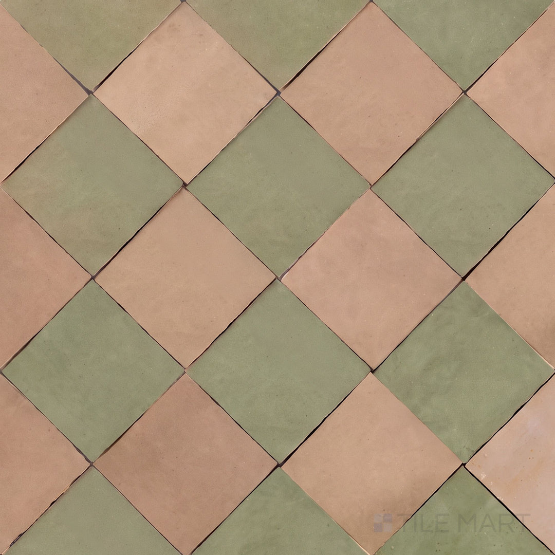 Alternate overview of Zellige Classique checkerboard in Sahara Rose and Mint Tea, highlighting its artisan glaze depth.