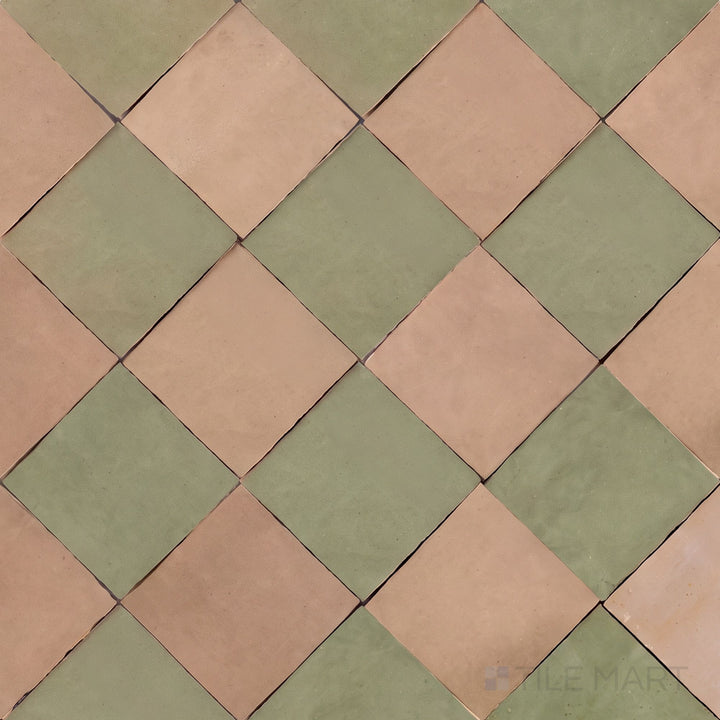 Alternate overview of Zellige Classique checkerboard in Sahara Rose and Mint Tea, highlighting its artisan glaze depth.