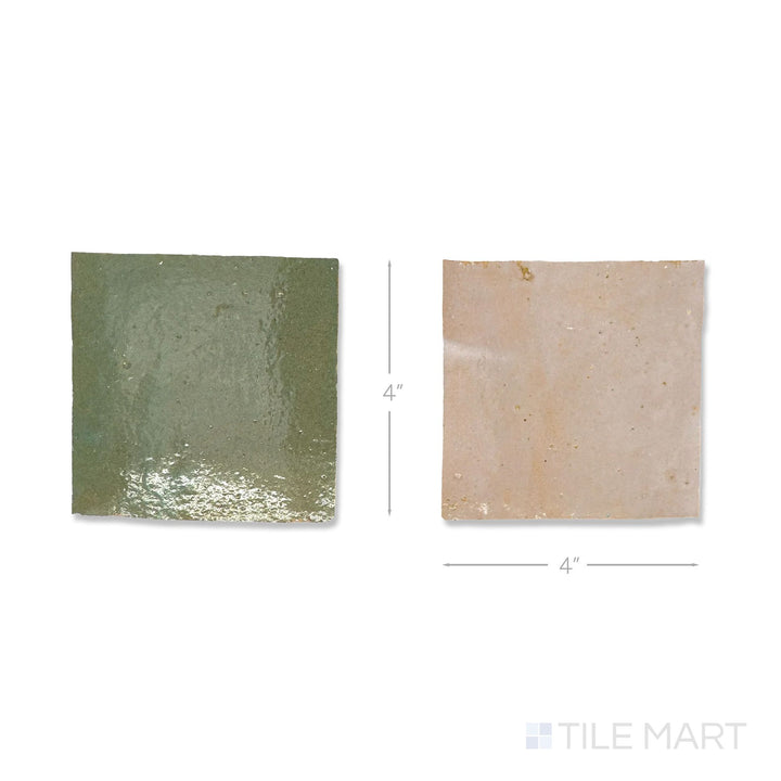 Flat lay of a single Zellige Classique tile in Sahara Rose and Mint Tea, showing the glossy hand cut glaze up close.