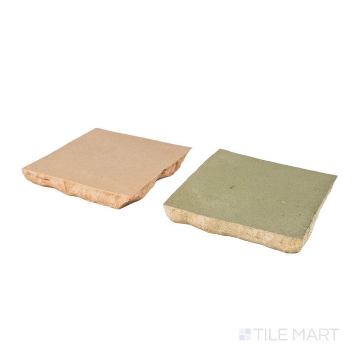 Angled view of Zellige Classique tile in Sahara Rose and Mint Tea, revealing its hand cut edge and light-catching glaze.
