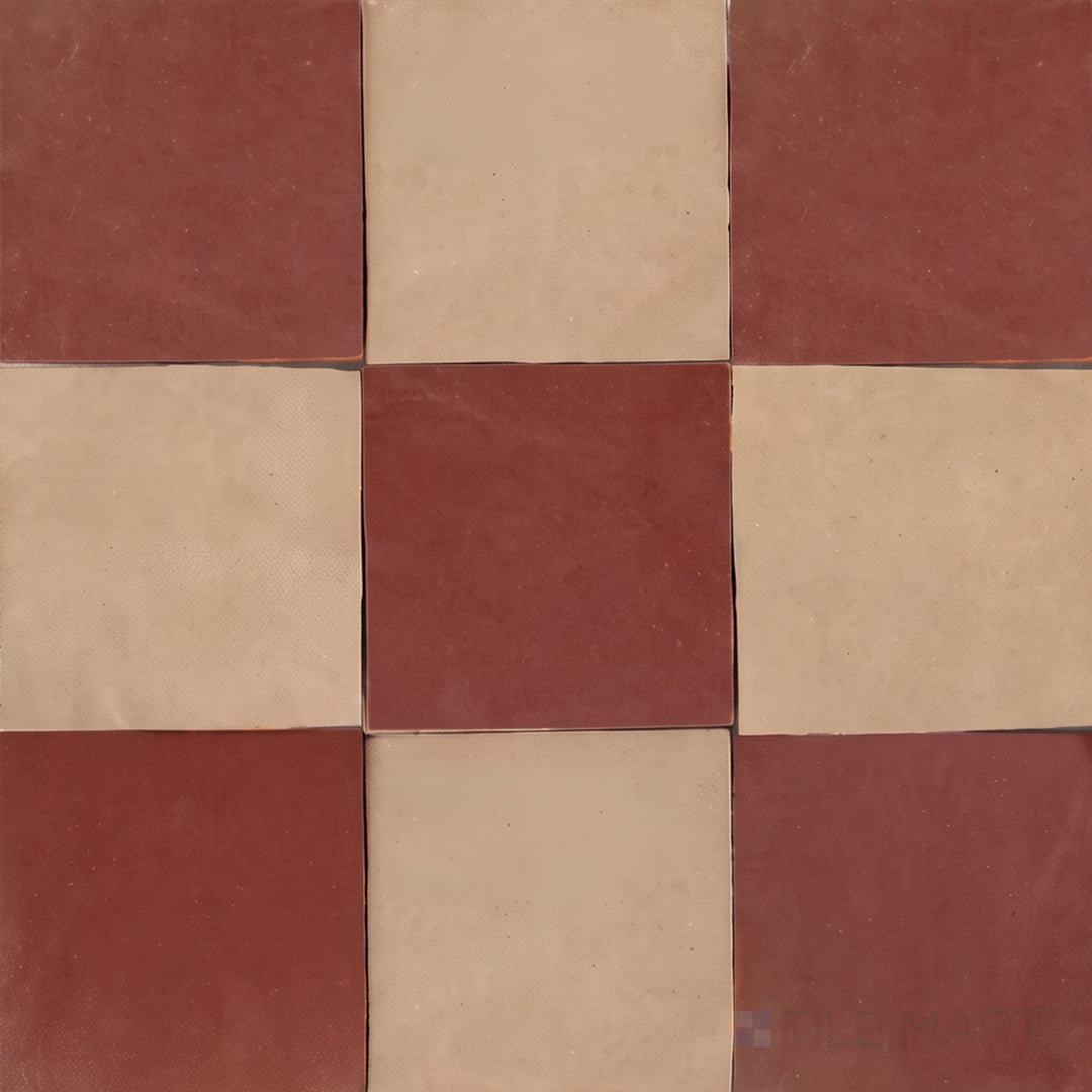 Overview of Zellige Classique 4x4 checkerboard in Sahara Rose and Al Hamra, showing its hand cut glaze variation.