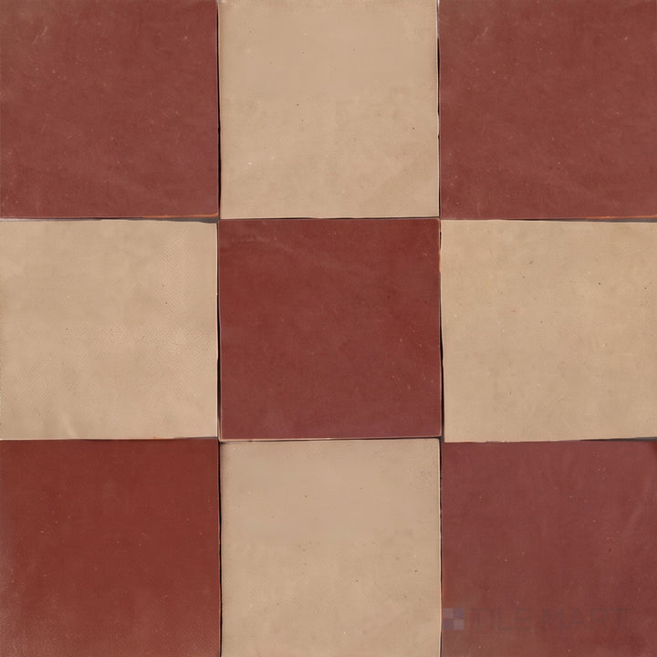 Overview of Zellige Classique 4x4 checkerboard in Sahara Rose and Al Hamra, showing its hand cut glaze variation.