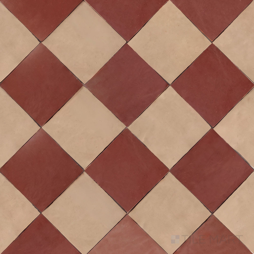 Alternate overview of Zellige Classique checkerboard in Sahara Rose and Al Hamra, highlighting its artisan glaze depth.