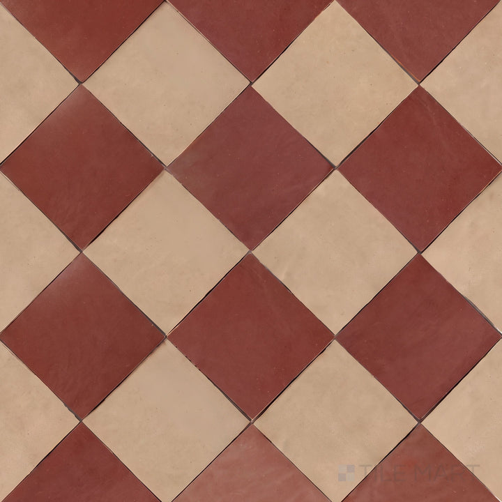 Alternate overview of Zellige Classique checkerboard in Sahara Rose and Al Hamra, highlighting its artisan glaze depth.