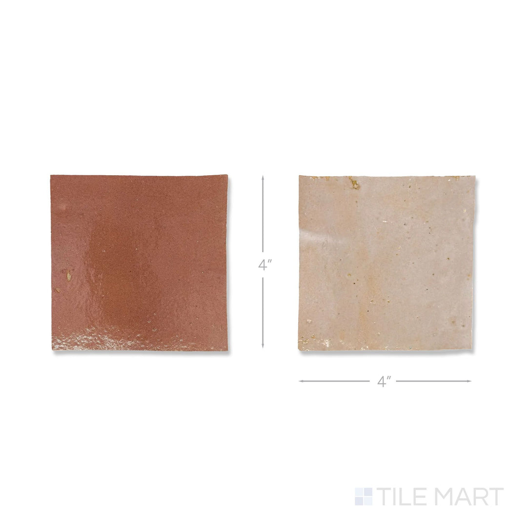 Overhead view of a single Zellige Classique tile in Sahara Rose and Al Hamra, showing the glossy hand cut glaze up close.