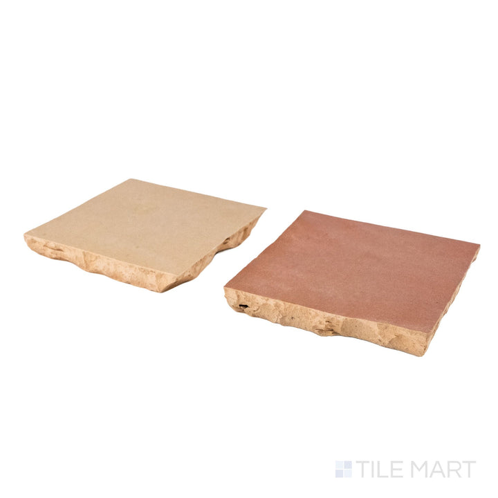 Corner shot of Zellige Classique tile in Sahara Rose and Al Hamra, revealing its hand cut edge and light-catching glaze.