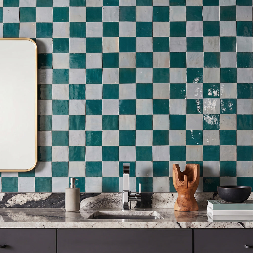 Zellige Classique in Gris Perle and Blue City brings artisan glaze variation and vibrant color to a checkerboard wall.