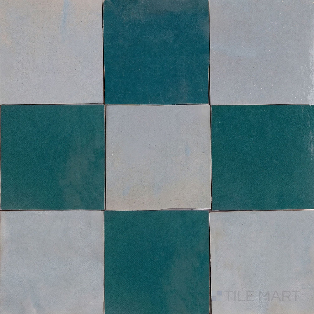 Overview of Zellige Classique 4x4 checkerboard in Gris Perle and Blue City, showing its hand cut glaze variation.
