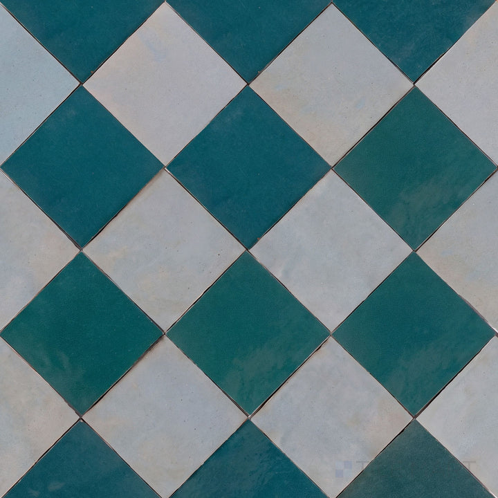 Alternate overview of Zellige Classique checkerboard in Gris Perle and Blue City, highlighting its artisan glaze depth.