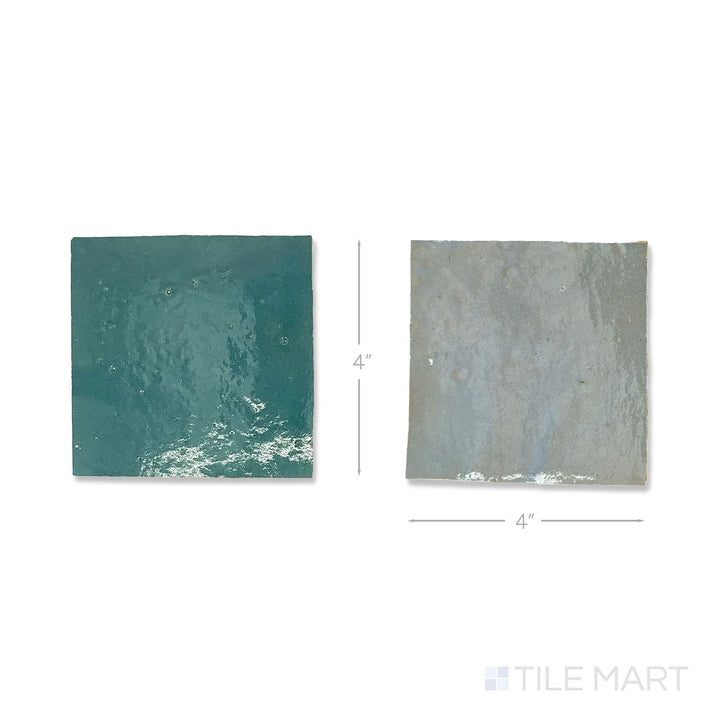 Top-down view of a single Zellige Classique tile in Gris Perle and Blue City, showing the glossy hand cut glaze up close.