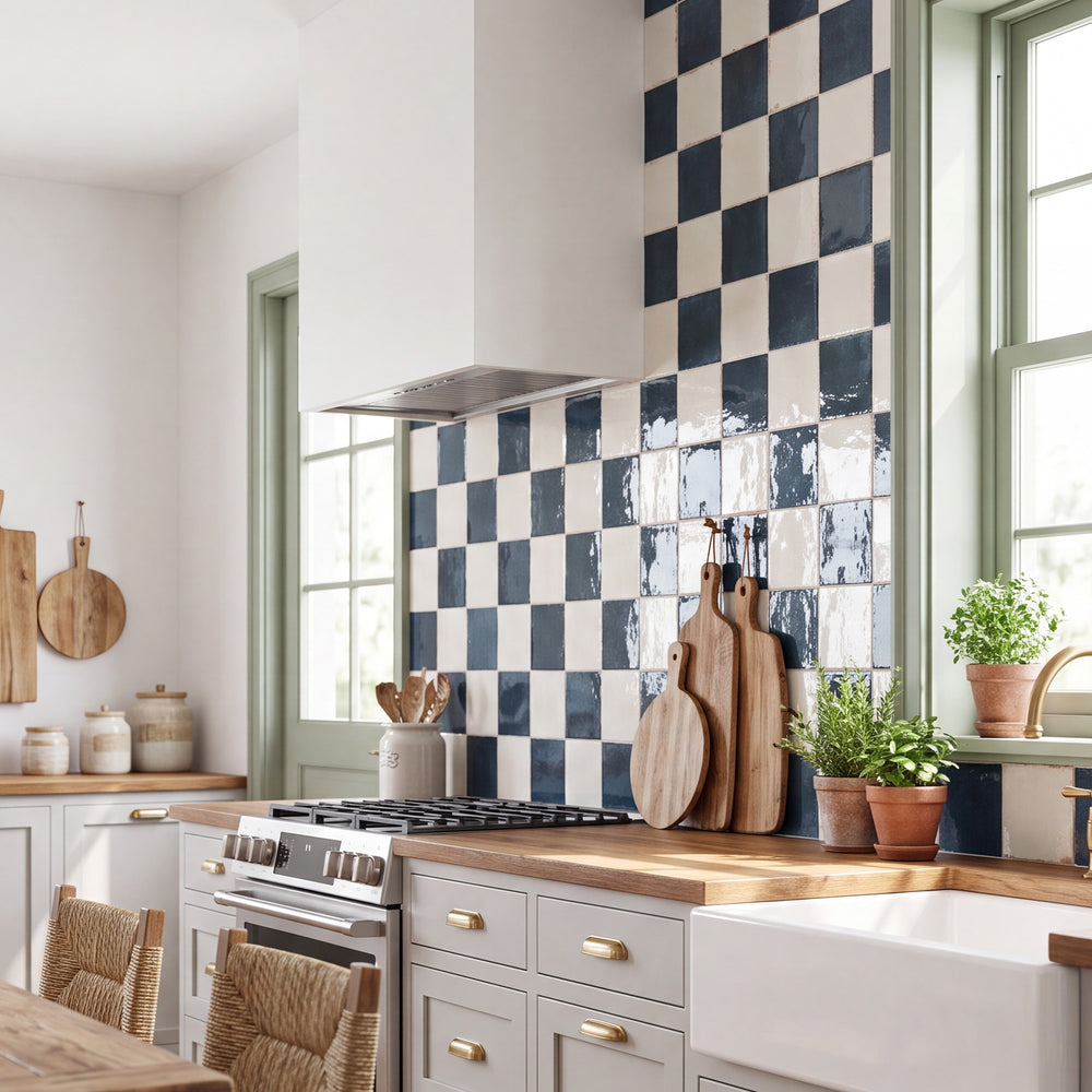 Agadir in Niebla and Lago brings bold, vibrant color contrast to a bright porcelain checkerboard floor.