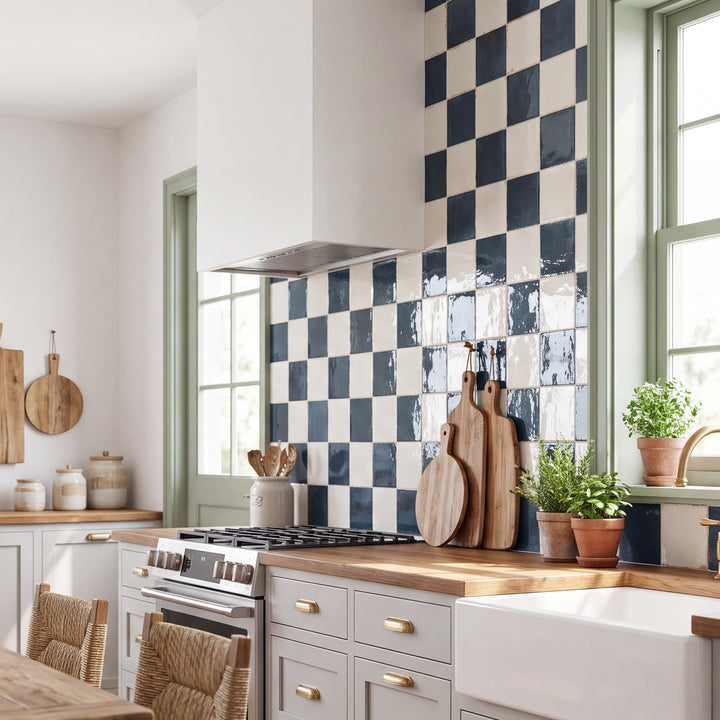 Agadir in Niebla and Lago brings bold, vibrant color contrast to a bright porcelain checkerboard floor.