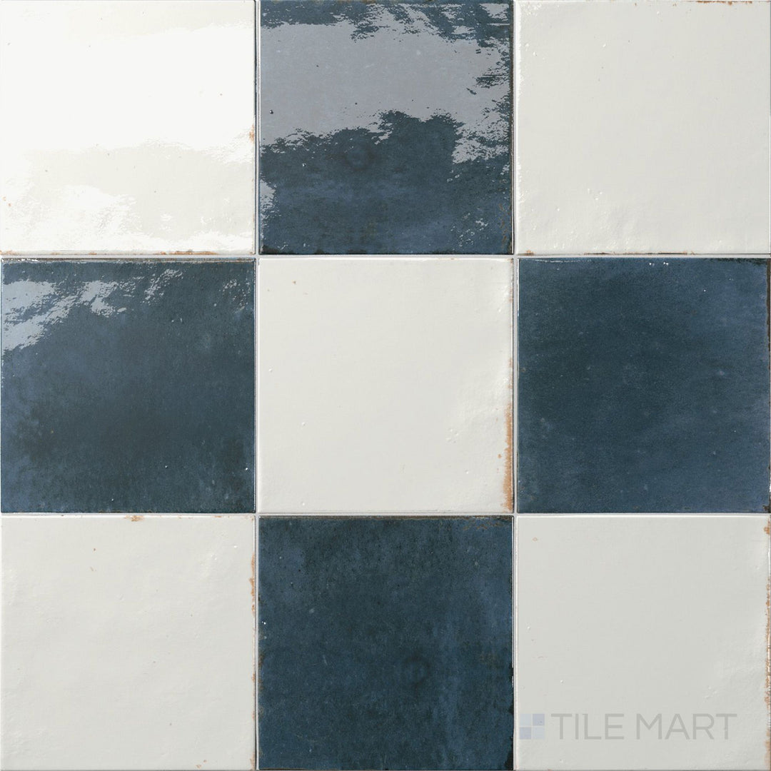 Overview of Agadir 6x6 checkerboard in Niebla and Lago, showing its bold, vibrant color contrast.