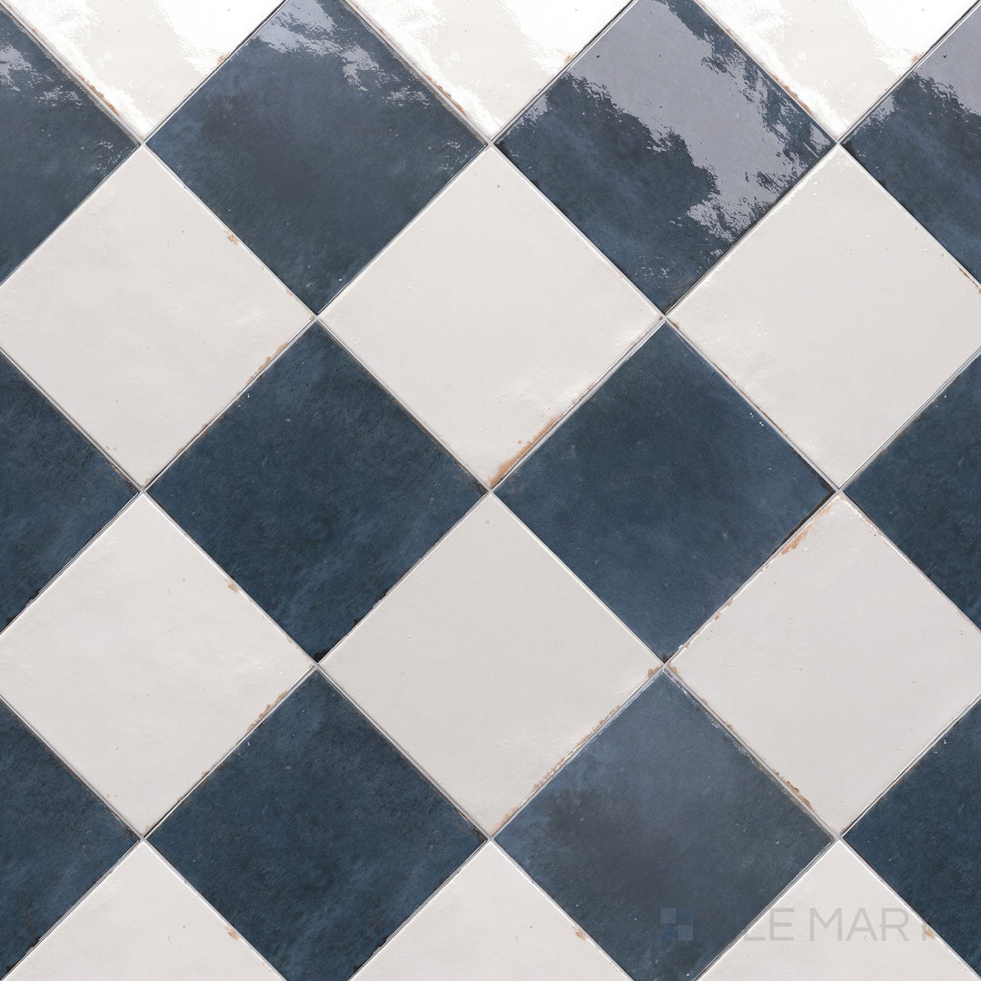 Alternate overview of Agadir checkerboard in Niebla and Lago, highlighting its bright porcelain finish.
